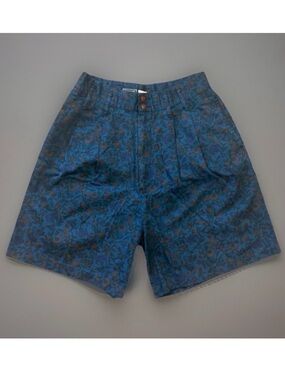 Vintage 80s High Waist Floral Pleated Shorts Blue Brown Retro Mom Shorts